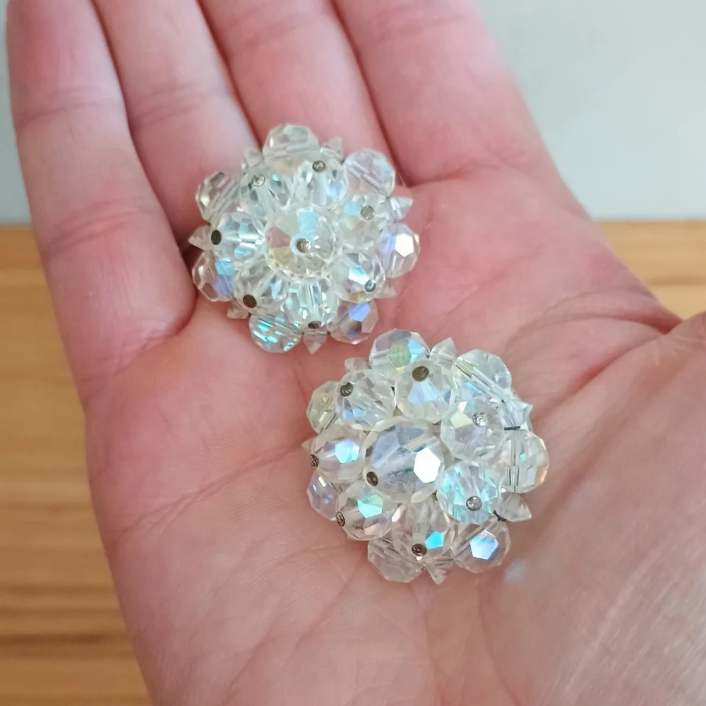 Vintage Laguna? Crystal Love Clip On Earrings Aurora Borealis Flower Shaped